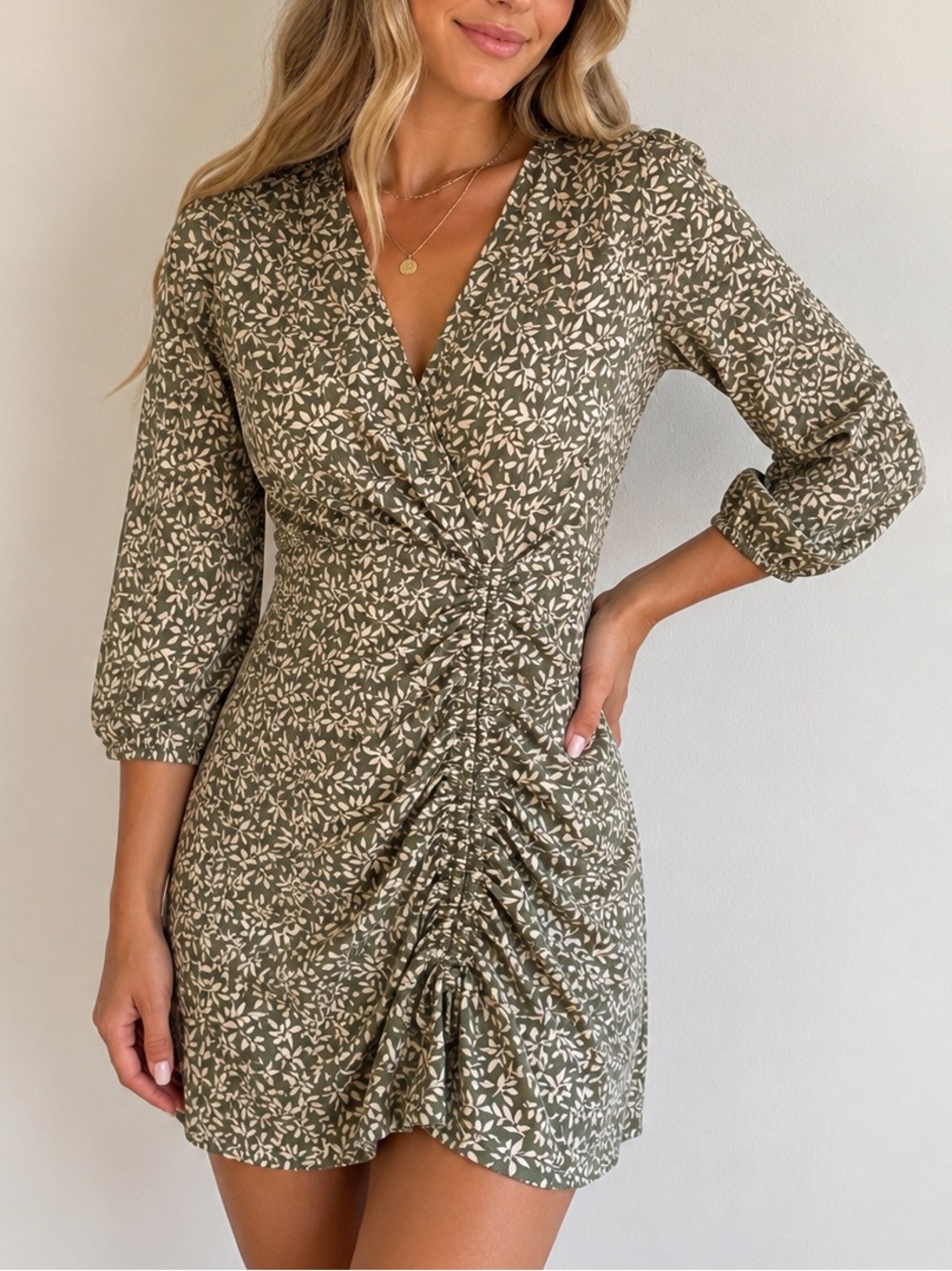 Monteau Floral Leaf Print Faux Wrap Mini Dress XS Green Cream 3/4 Sleeve Stretch